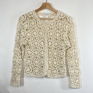 Moda International Vintage Womens Cottagecore Crochet Dainty Cardigan Ivory